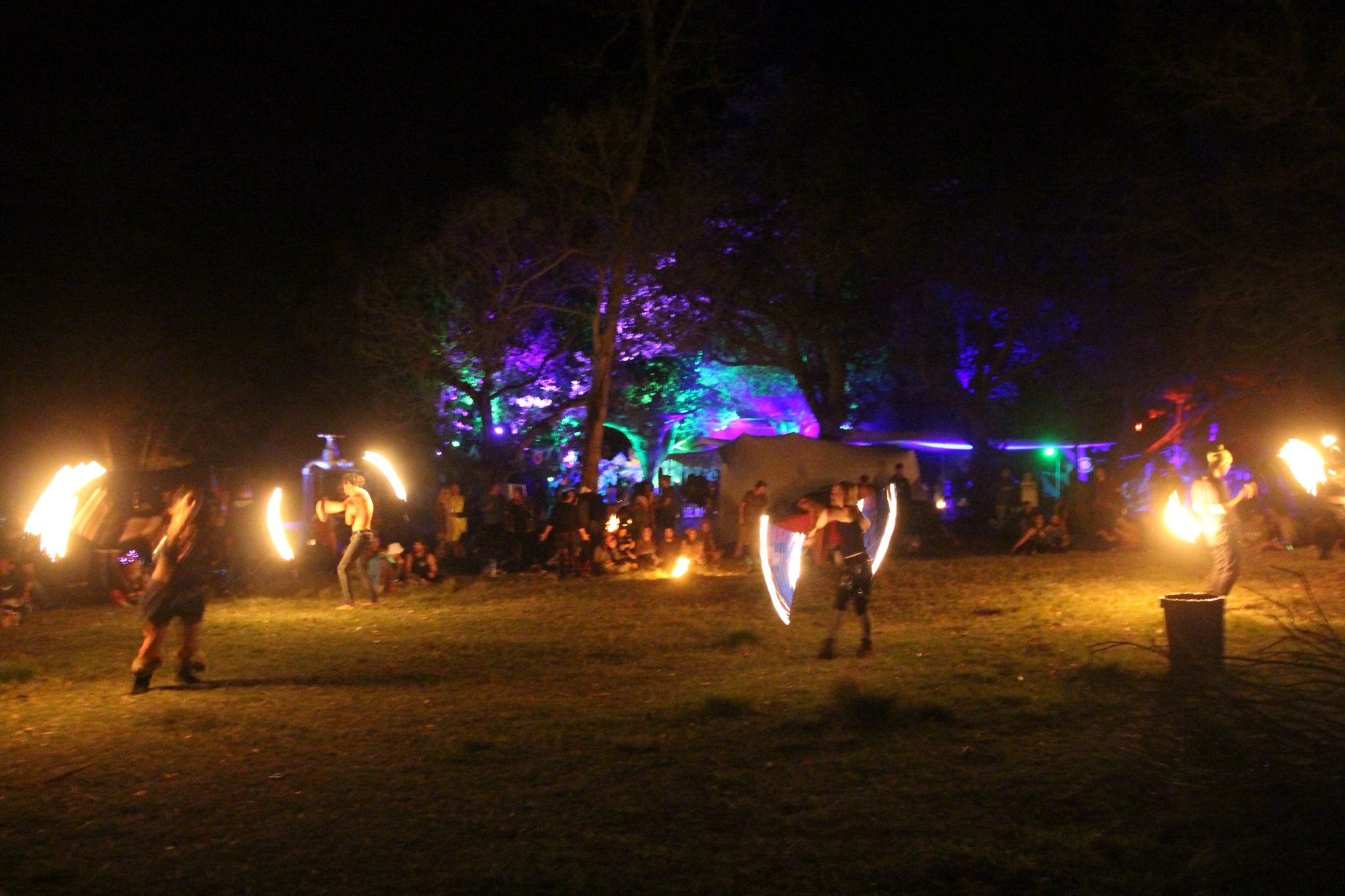 Fire performers spinning flame in an open field at night, with trees lit violet behind them